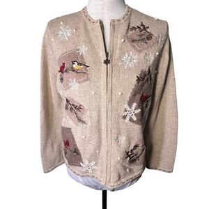 Croft & Barrow MP Silk Blend Cardinal Robin Winter Embroidered Zip Sweater ￼